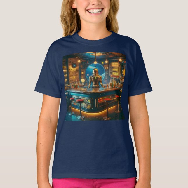 Robot Bartender in Interstellar Space Age Dive Bar T-Shirt (Front)