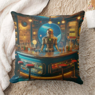Robot Bartender in Interstellar Space Age Dive Bar Throw Pillow