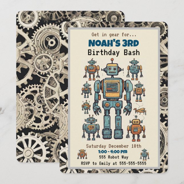Robot Birthday Party Invitation (Front/Back)