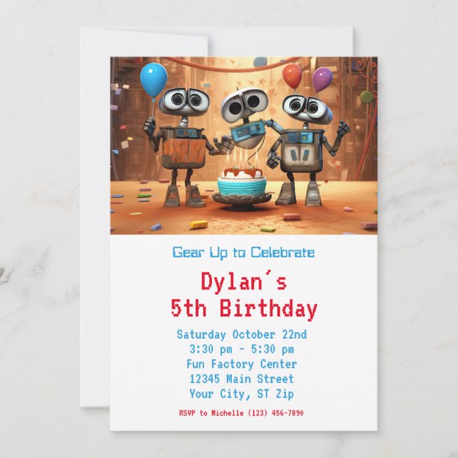 Robot Birthday Party Invitations Digital Download (Front)
