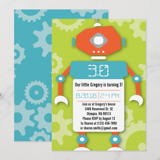Robot Boy Themed Birthday Party Invitation (Front/Back)