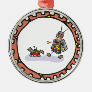Robot Boy with Robot Cat Artwork Metal Ornament