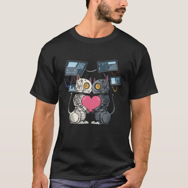 Robot Cat in Love for a Robotic Engineer T-Shirt (Front)