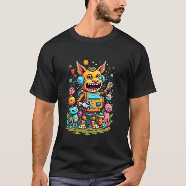 Robot Cat Monster Fantasy Fun T-Shirt (Front)