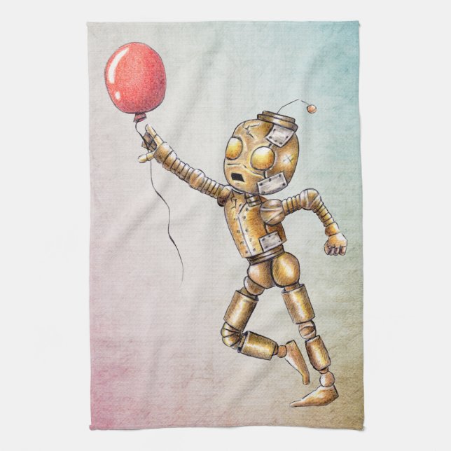 Robot Chasing A Red Balloon  Kitchen Towel (Vertical)