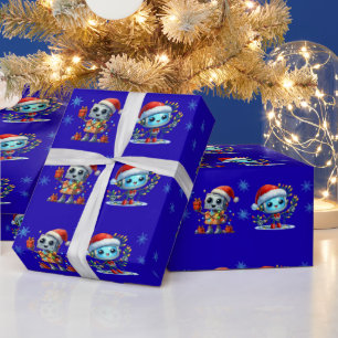 Robot Christmas Birthday Wrapping Paper, Navy Blue Paper
