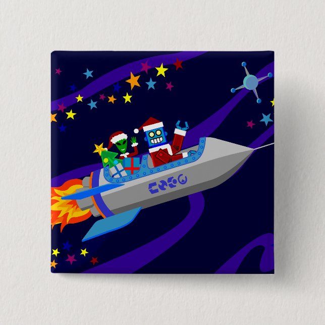 Robot Christmas Rocket 2 Inch Square Button (Front)