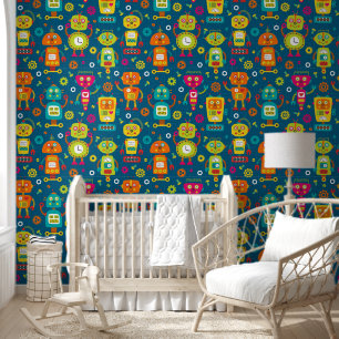 Robot Colourful Fun Blue Green Orange Pattern Wallpaper