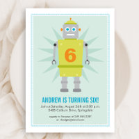 Robot Colourful Kids Green Blue Birthday Invitatio