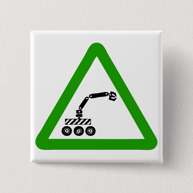 Robot Crossing Warning Sign 2 Inch Square Button (Front)