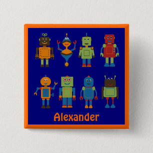 Robot Friends Child's Personalized Square Button