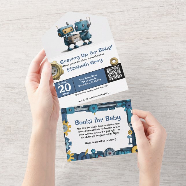 Robot Gearing Up for Baby & Books All In One Invitation (Tearaway)