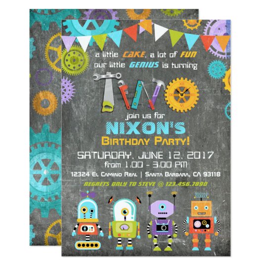 Robot Genius Gears Tools Chalkboard Birthday Card