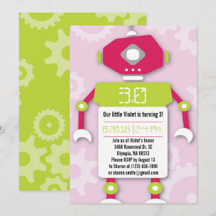 Robot Girl Themed Birthday Party Invitation