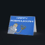 Robot Hanukkah! Holiday Card<br><div class="desc">This card is for your Jewish friends. Or robot friends. Or Jewish robot friends. It depicts a robot with a boted-on yarmulke and a menorah for a hand. The background is bright blue, with the words "Happy Robanukkah!" in white letters - you can totally delete or change caption if you...</div>