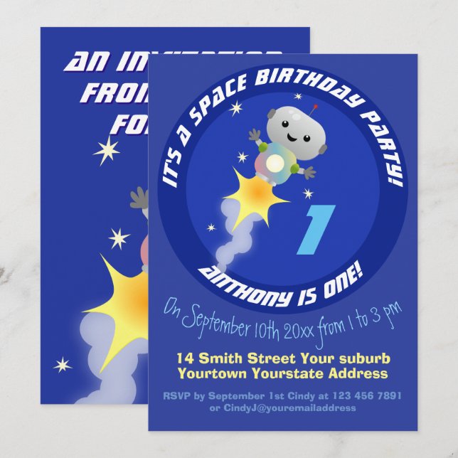 Robot in space cartoon 1st birthday personalised invitation (Front/Back)