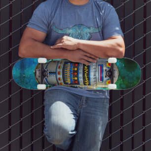 Robot in Vintage Retro Blue Green Galaxy Cool Cute Skateboard