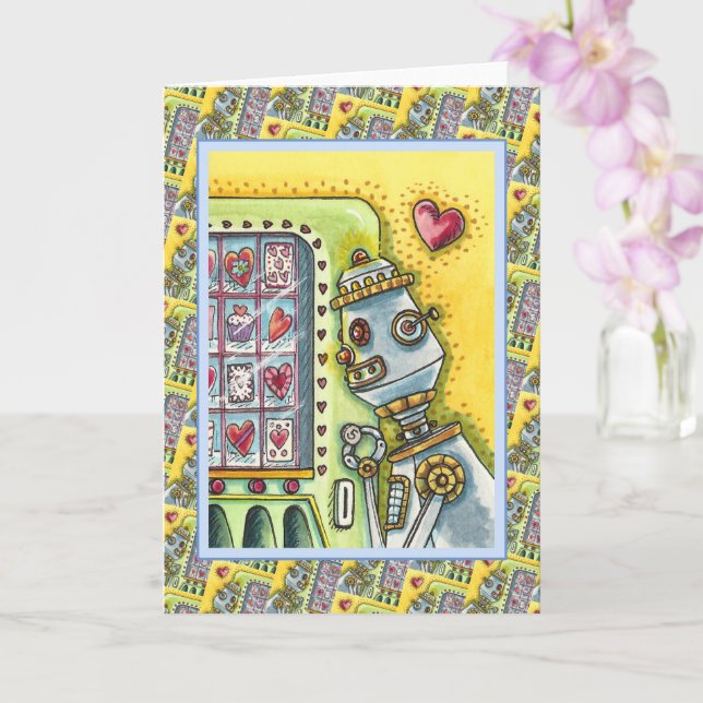 ROBOT LOOKING FOR LOVE HEART VENDING MACHINE Blank Card (Orchid)