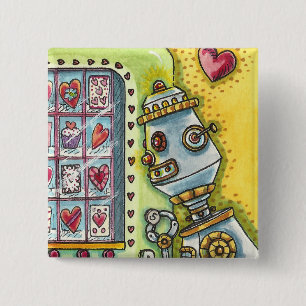 ROBOT LOOKING FOR LOVE, HEART VENDING MACHINE CUTE 2 INCH SQUARE BUTTON