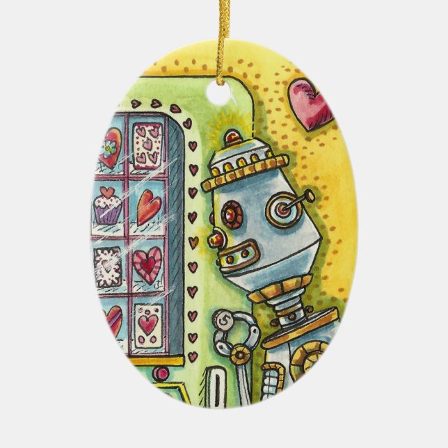 ROBOT LOOKING FOR LOVE, HEART VENDING MACHINE CUTE CERAMIC ORNAMENT (Front)