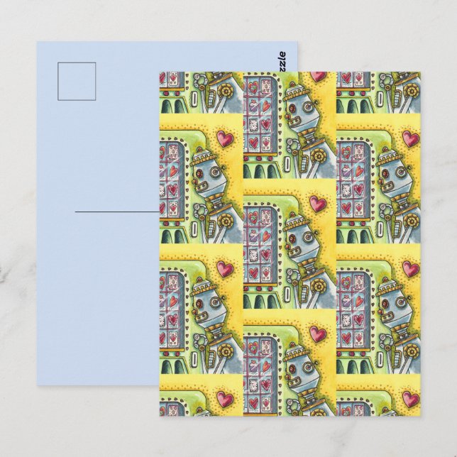 ROBOT LOOKING FOR LOVE, HEART VENDING MACHINE CUTE POSTCARD (Front/Back)