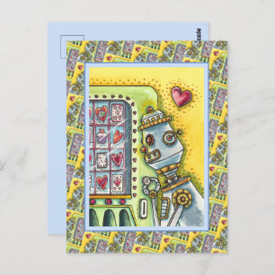 ROBOT LOOKING FOR LOVE, HEART VENDING MACHINE CUTE POSTCARD