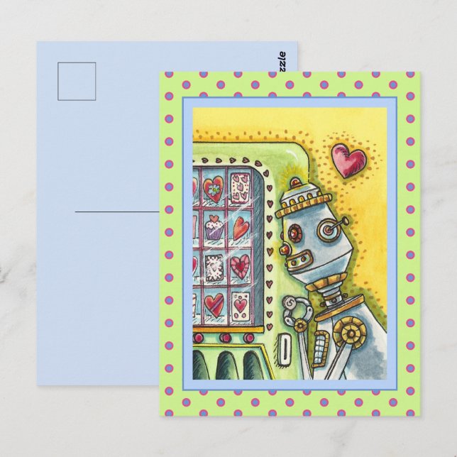 ROBOT LOOKING FOR LOVE, HEART VENDING MACHINE CUTE POSTCARD (Front/Back)
