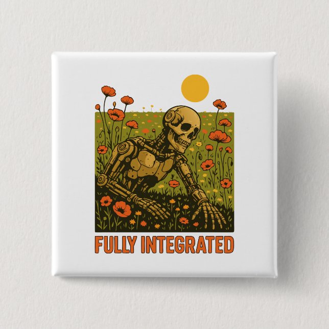 Robot Nature Flowers Blossom Field 2 Inch Square Button (Front)