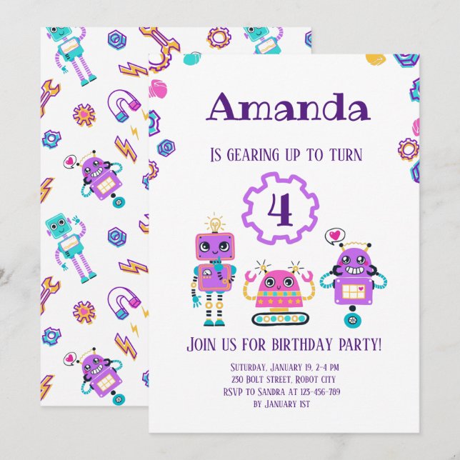 Robot party Girl Pink birthday Invitation (Front/Back)