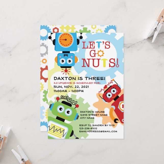 Robot Party Theme Birthday Invitation (Front/Back In Situ)