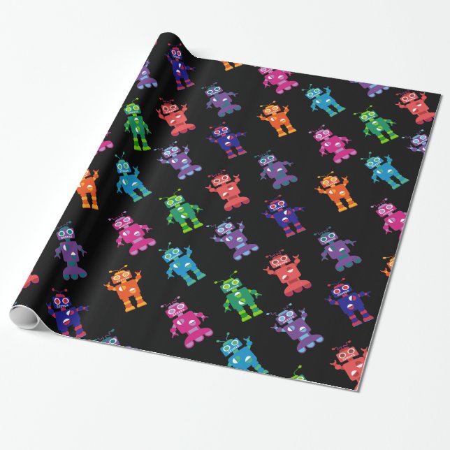 Robot Pattern Rainbow Crazy Birthday Wrapping Paper (Unrolled)