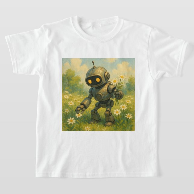 Robot Picking Flowers T-Shirt (Laydown)