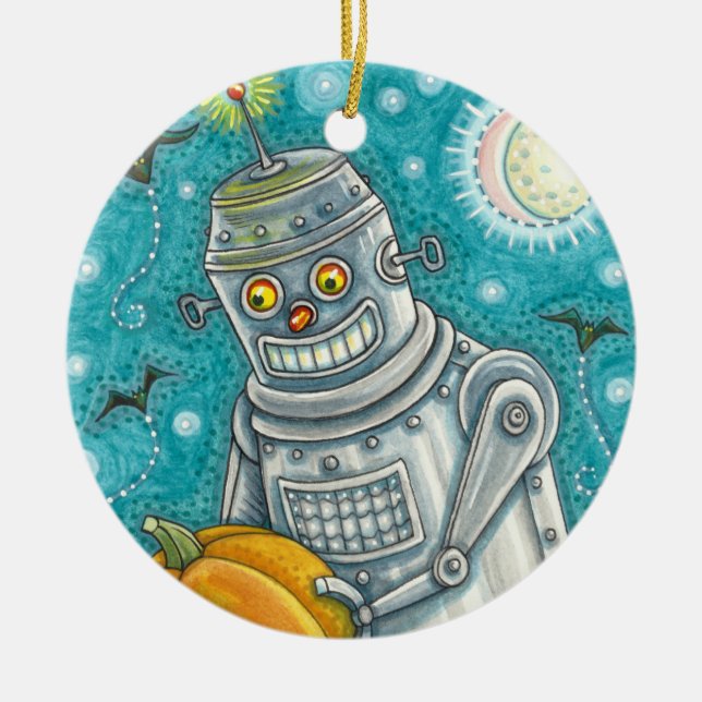 ROBOT PICKING PUMPKINS , HALLOWEEN MECHANICAL MAN CERAMIC ORNAMENT (Front)