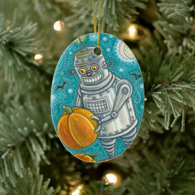 ROBOT PICKING PUMPKINS , HALLOWEEN MECHANICAL MAN CERAMIC ORNAMENT (Tree)