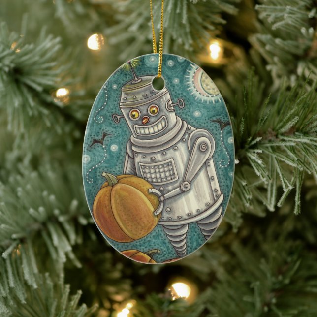 ROBOT PICKING PUMPKINS , HALLOWEEN MECHANICAL MAN CERAMIC ORNAMENT (Tree)