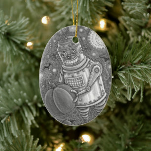 ROBOT PICKING PUMPKINS , HALLOWEEN MECHANICAL MAN CERAMIC ORNAMENT
