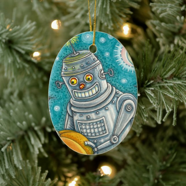 ROBOT PICKING PUMPKINS , HALLOWEEN MECHANICAL MAN CERAMIC ORNAMENT (Tree)