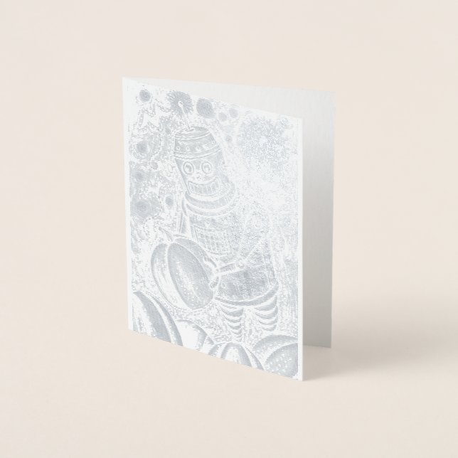 ROBOT PICKING PUMPKINS , HALLOWEEN MECHANICAL MAN FOIL CARD (Front)