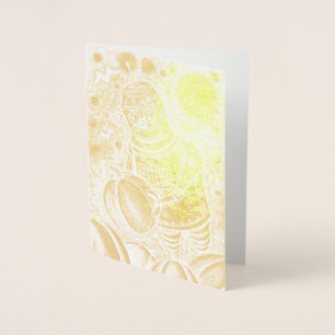 ROBOT PICKING PUMPKINS , HALLOWEEN MECHANICAL MAN FOIL CARD