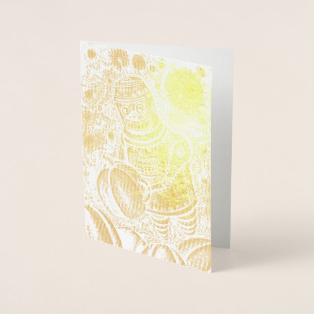 ROBOT PICKING PUMPKINS , HALLOWEEN MECHANICAL MAN FOIL CARD (Front)