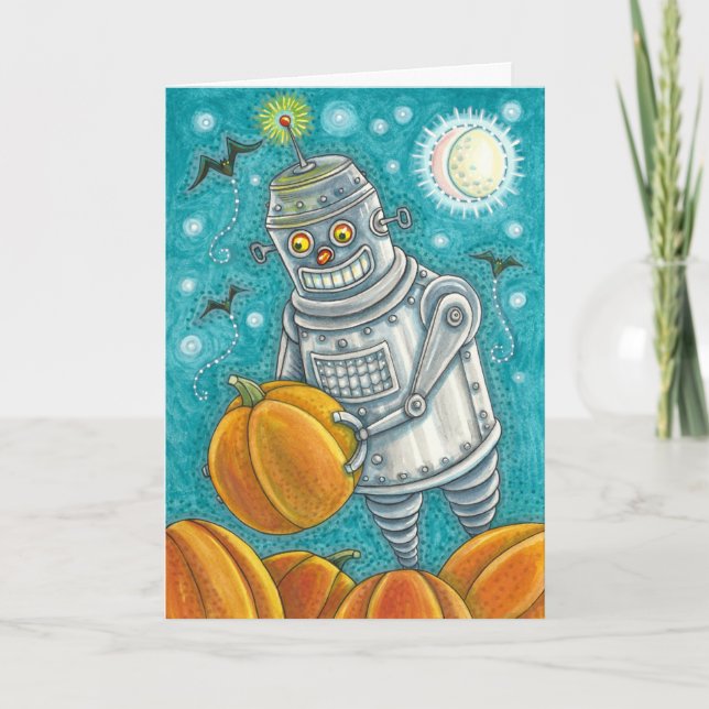ROBOT PICKING PUMPKINS , HALLOWEEN MECHANICAL MAN HOLIDAY CARD (Front)