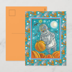 ROBOT PICKING PUMPKINS , HALLOWEEN MECHANICAL MAN HOLIDAY POSTCARD