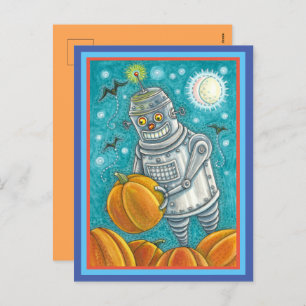 ROBOT PICKING PUMPKINS , HALLOWEEN MECHANICAL MAN HOLIDAY POSTCARD