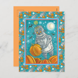 ROBOT PICKING PUMPKINS , HALLOWEEN MECHANICAL MAN HOLIDAY POSTCARD