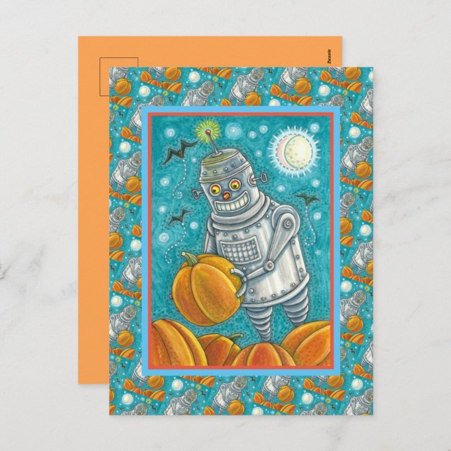ROBOT PICKING PUMPKINS , HALLOWEEN MECHANICAL MAN HOLIDAY POSTCARD (Front/Back)