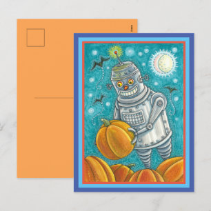 ROBOT PICKING PUMPKINS , HALLOWEEN MECHANICAL MAN  HOLIDAY POSTCARD