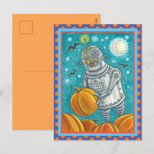 ROBOT PICKING PUMPKINS , HALLOWEEN MECHANICAL MAN HOLIDAY POSTCARD