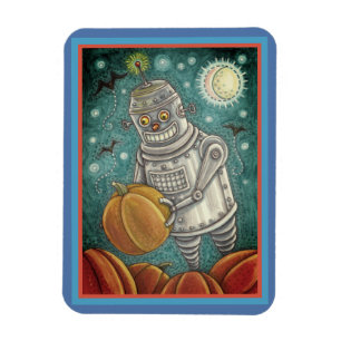 ROBOT PICKING PUMPKINS , HALLOWEEN MECHANICAL MAN MAGNET