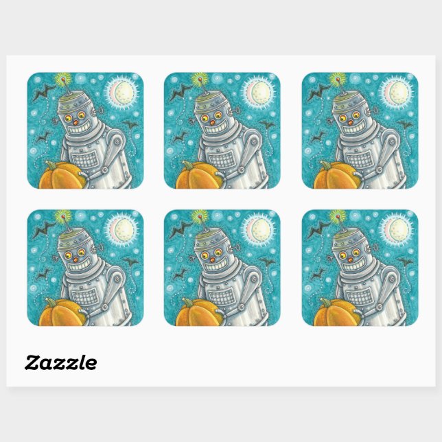 ROBOT PICKING PUMPKINS , HALLOWEEN MECHANICAL MAN SQUARE STICKER (Sheet)