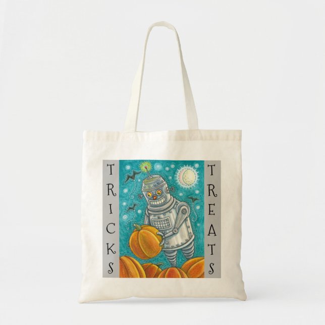ROBOT PICKING PUMPKINS, HALLOWEEN TRICK OR TREAT TOTE BAG (Front)
